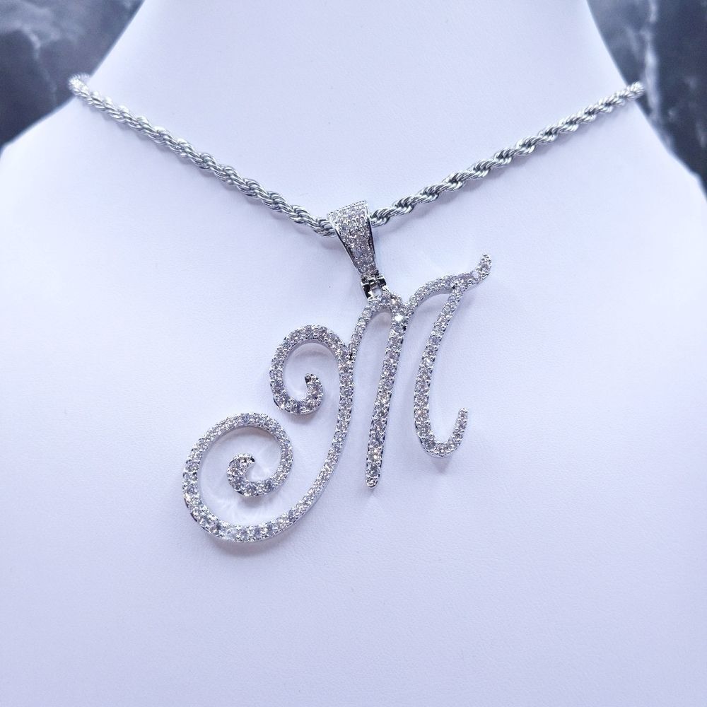 18"Rope Chain - White Finish Cursive Initial M. - image 4